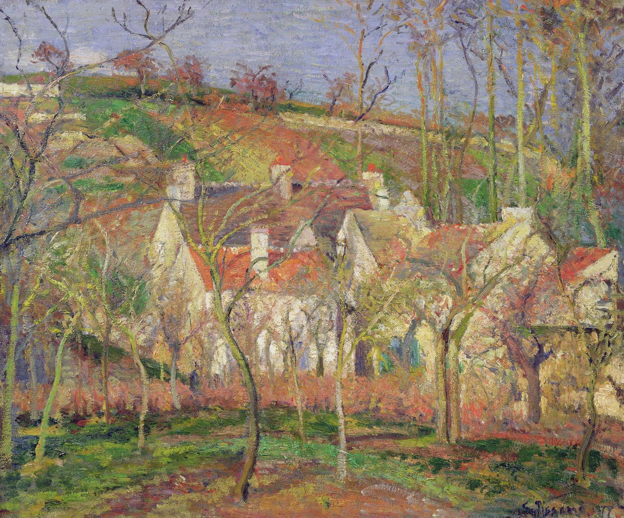 Punaiset katot eli kylän kulma, talvi, 1877 tekijältä Camille Jacob Pissarro