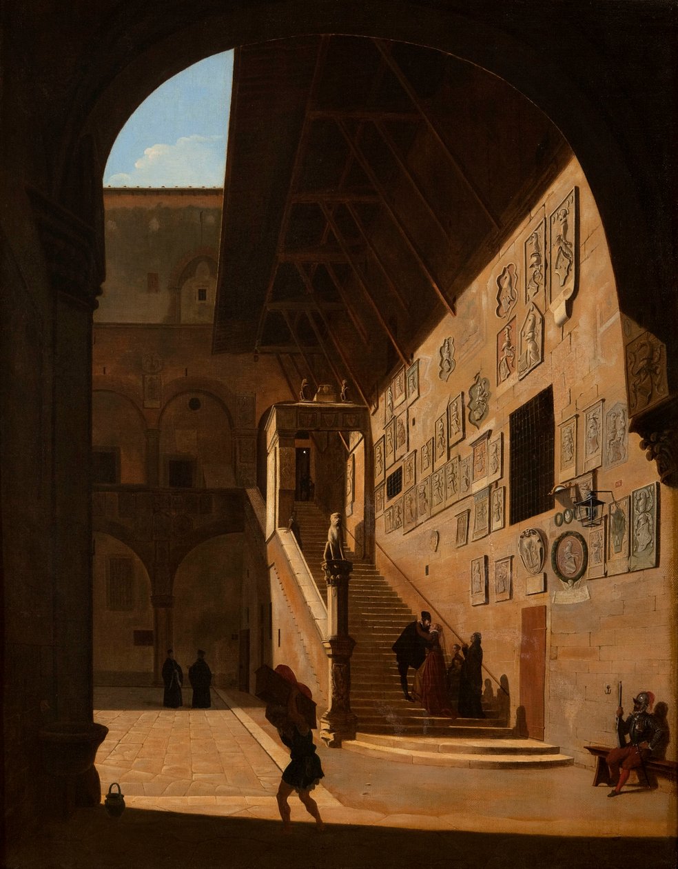 Sisäkuva Firenzen tasavallan vanhasta palatsista (nykyisin Palazzo del Popolo tai Bargello) 1822 tekijältä Camille Marie Bonnard