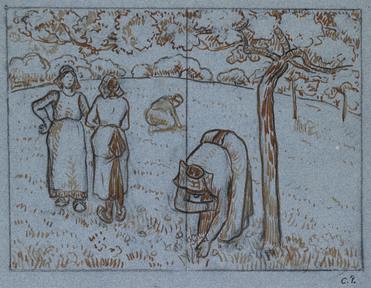 Kompositiotutkimus neljästä naistalonpojasta, jotka työskentelevät hedelmätarhassa ("Kevät"), n. 1894 (punaruskea ja intialainen muste hiilen päällä sinisellä paperilla) tekijältä Camille Jacob Pissarro