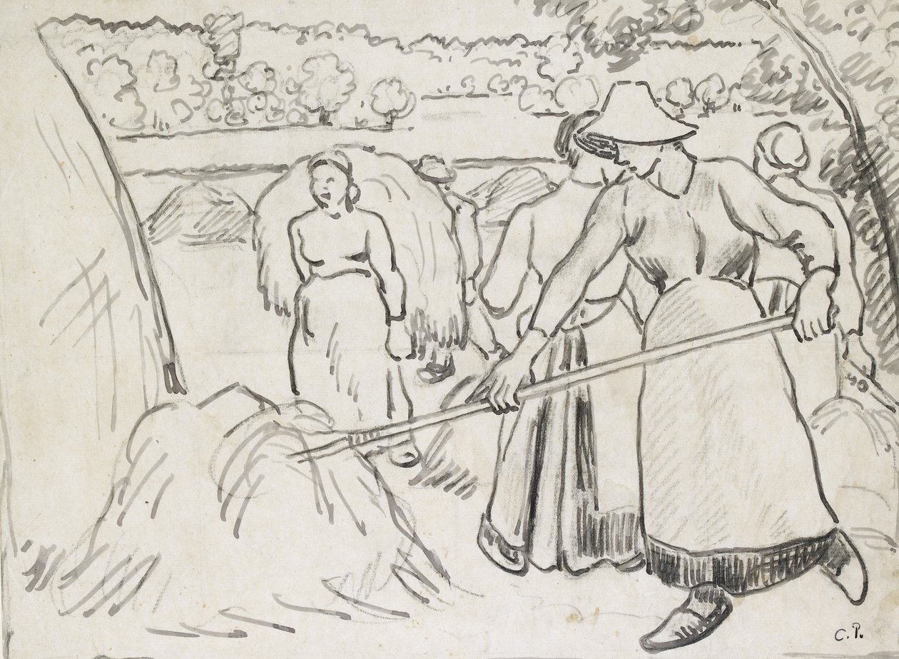 Harvesterien kompositiotutkimus maisemassa, c. 1893 (kynä ja tumma muste mustan liidun päällä, heikosti neliö mustassa liidussa) tekijältä Camille Jacob Pissarro