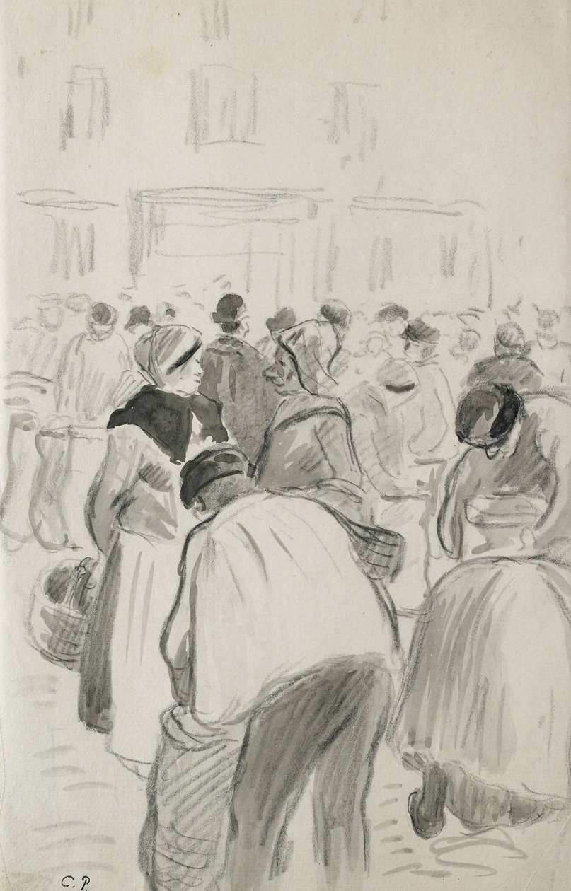 Markkinoiden koostumustutkimus Pontoisessa 1881 (musta liitu ja harmaat pesut) tekijältä Camille Jacob Pissarro