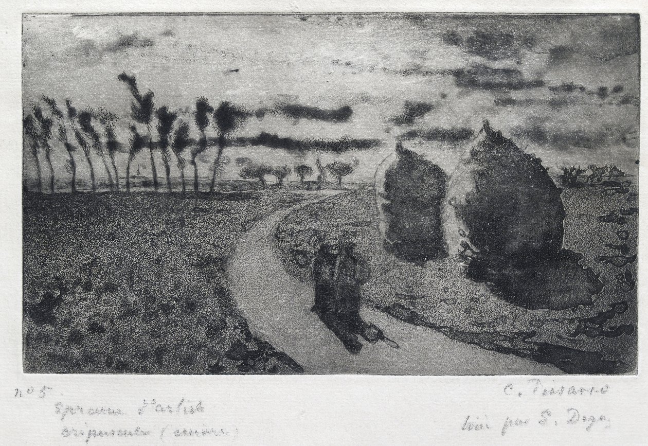 Twilight (with Millstones), 1879 (etsaus, akvatintti, kuivaneula ja hiekkapaperi) tekijältä Camille Jacob Pissarro