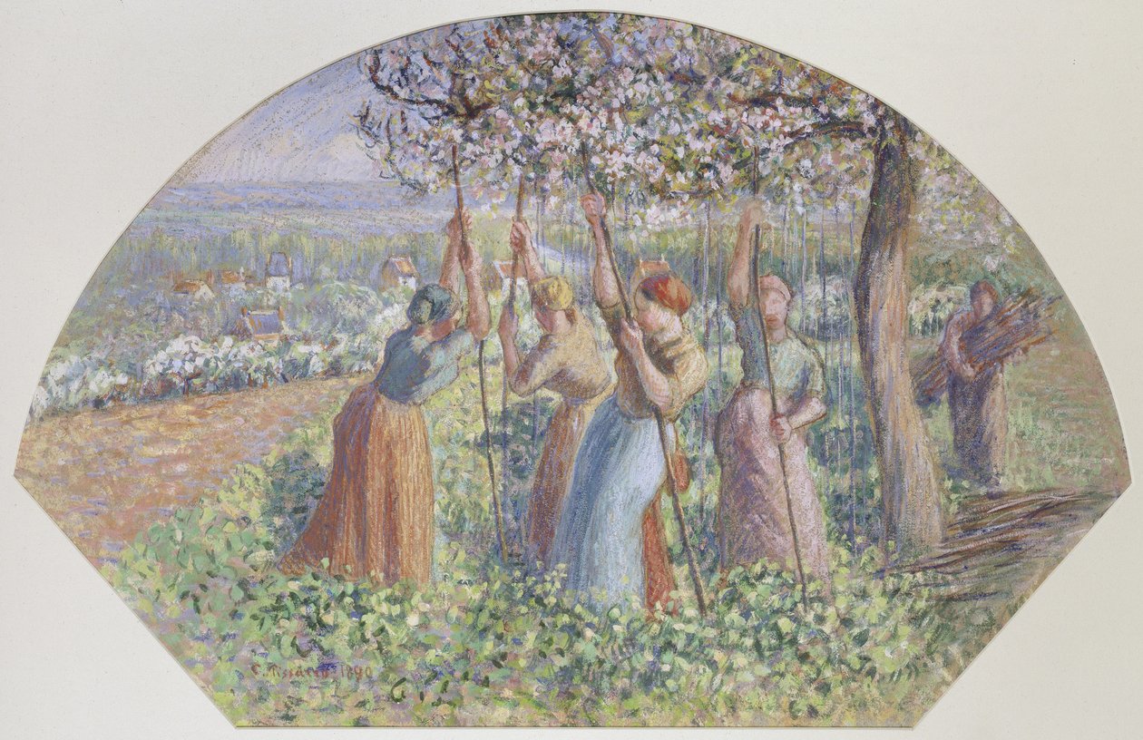 Suunnittelu tuulettimelle: Herneet, 1890 (guassi mustalla liidulla karkealla ruskealla paperilla) tekijältä Camille Jacob Pissarro