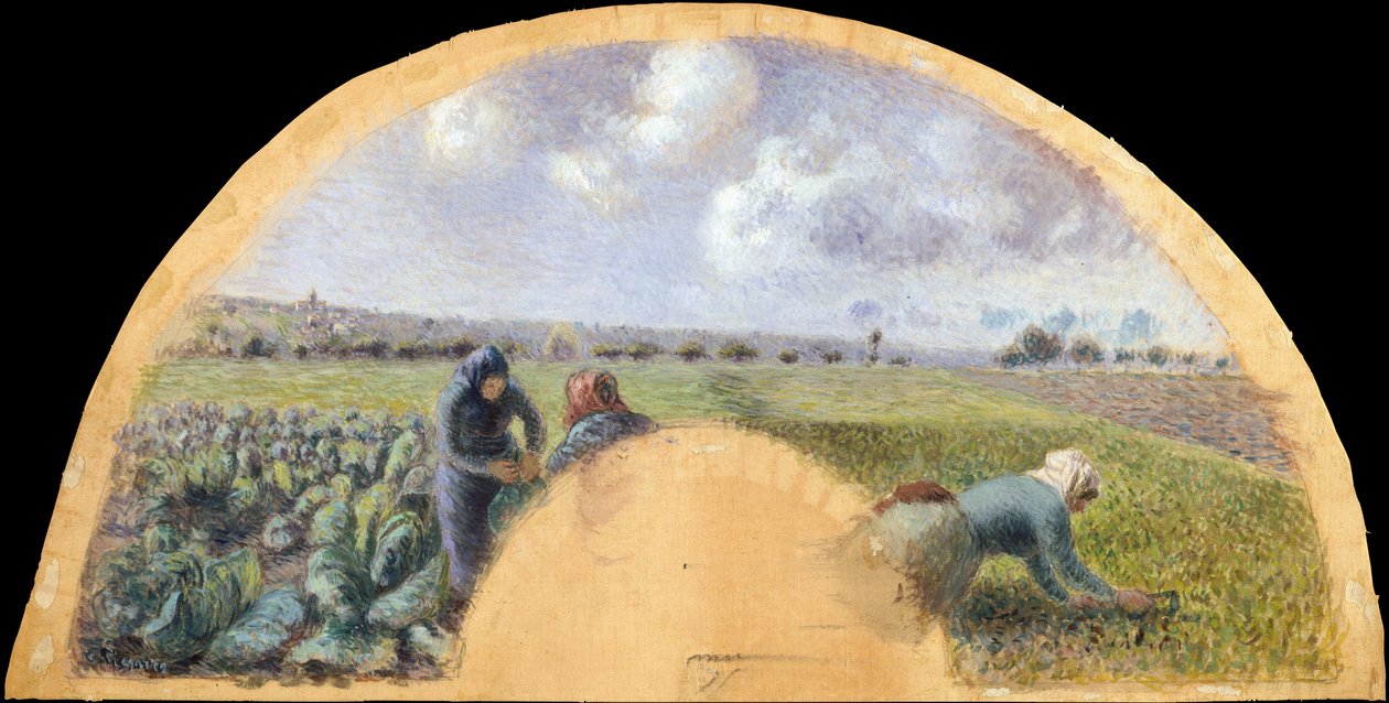 Fan Mount: The Cabbage Gatherers, n. 1878-1879 (guassi silkillä) tekijältä Camille Jacob Pissarro