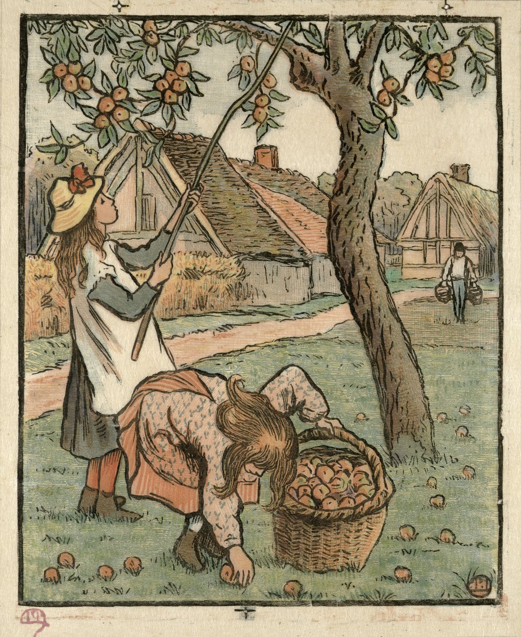 Gathering Apples, "Travaux des Champs", kaivertanut Lucien Pissarro (1863-1944), julkaistu Lontoossa 1893 tekijältä Camille Jacob Pissarro
