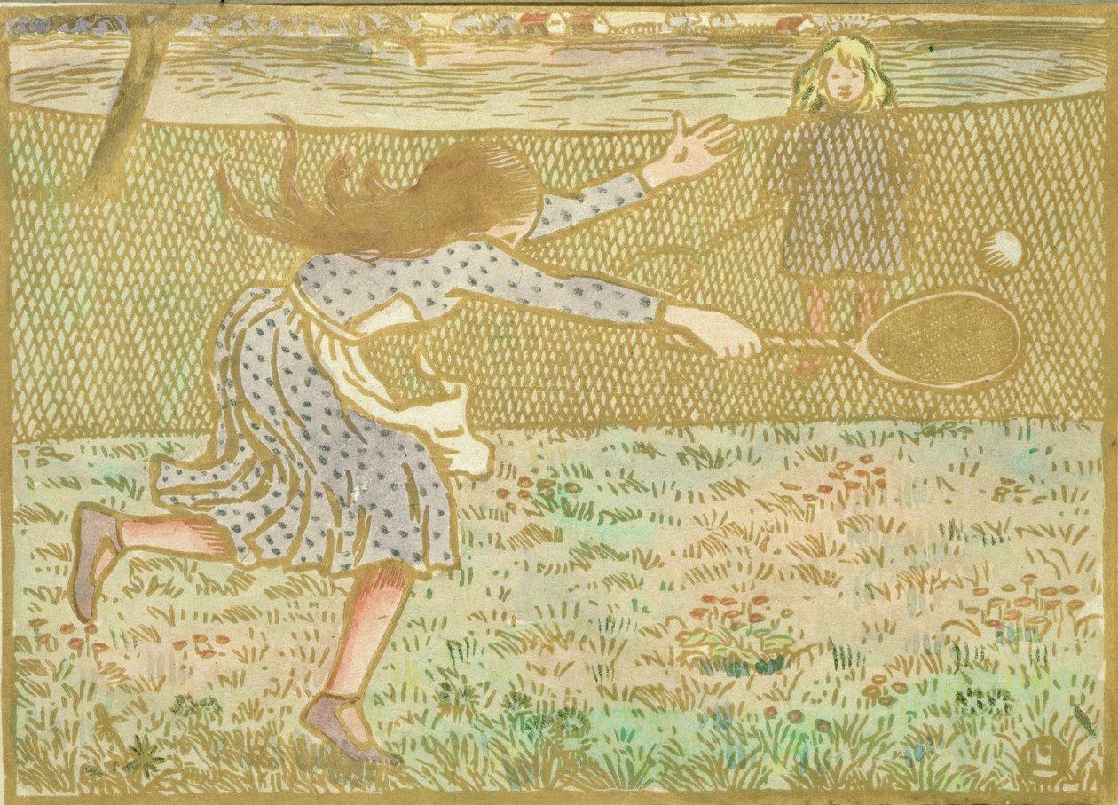 Tytöt pelaavat tennistä, teoksesta "Puuleikkaukset riviin ja väreihin", kaiverrettu Lucien Pissarro (1863-1944), julkaistu Lontoossa 1891 tekijältä Camille Jacob Pissarro