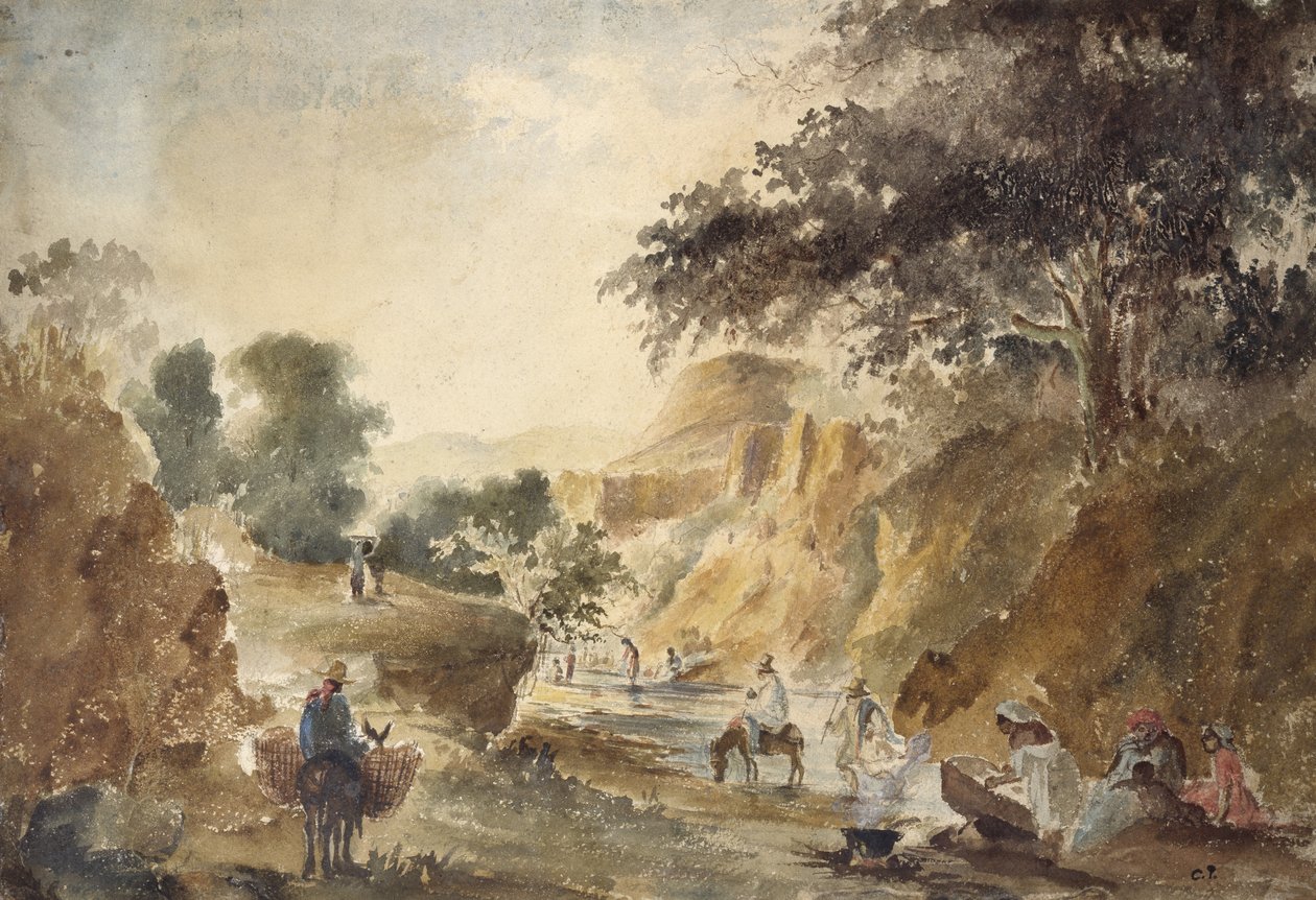Maisema hahmoineen joen rannalla, 1853 - 1854 (akvarelli lyijykynällä) tekijältä Camille Jacob Pissarro