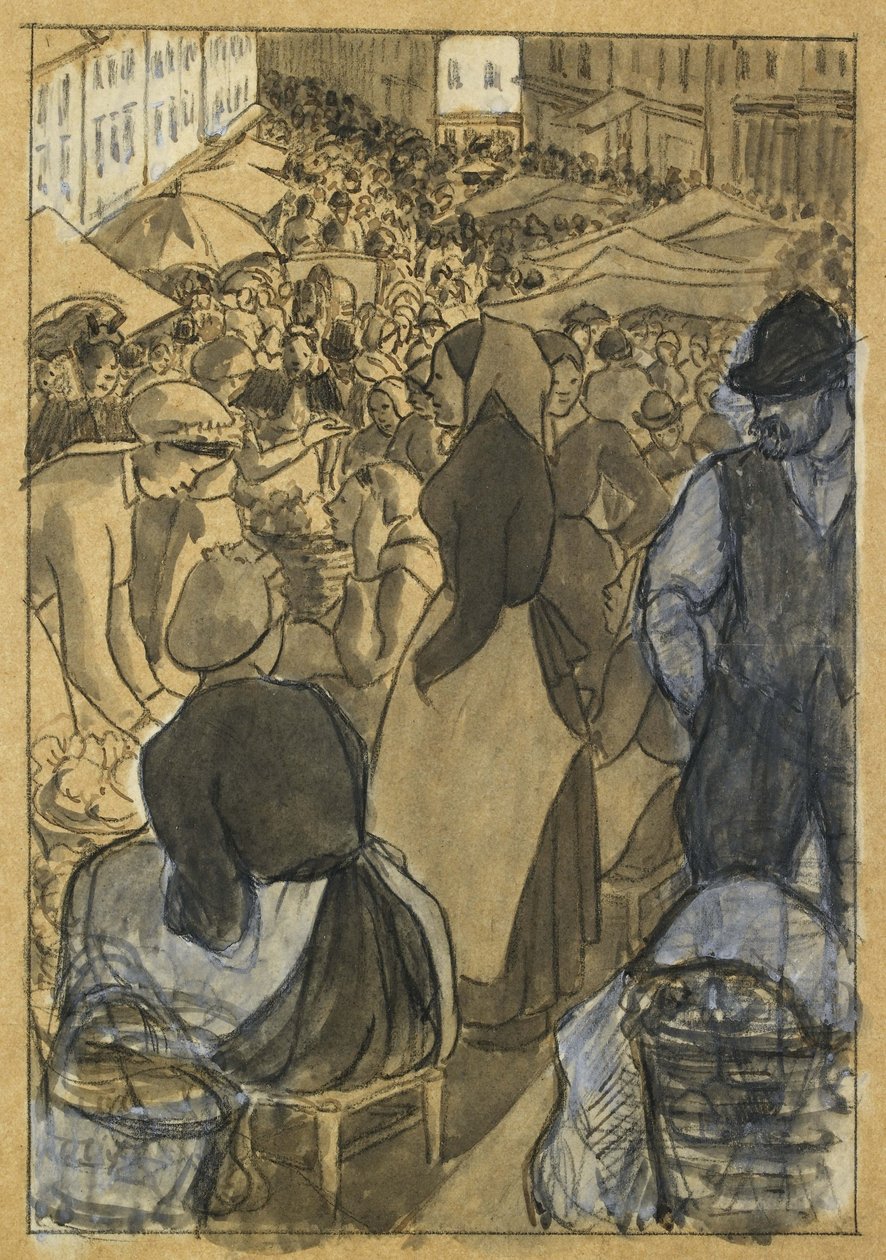 Market Scene (musta värikynä kynällä ja mustalla musteella, harmaa pesuaine ja valkoinen vartaloväri kuultopaperilla, asetettu jäykkään valkoiselle paperille) tekijältä Camille Jacob Pissarro