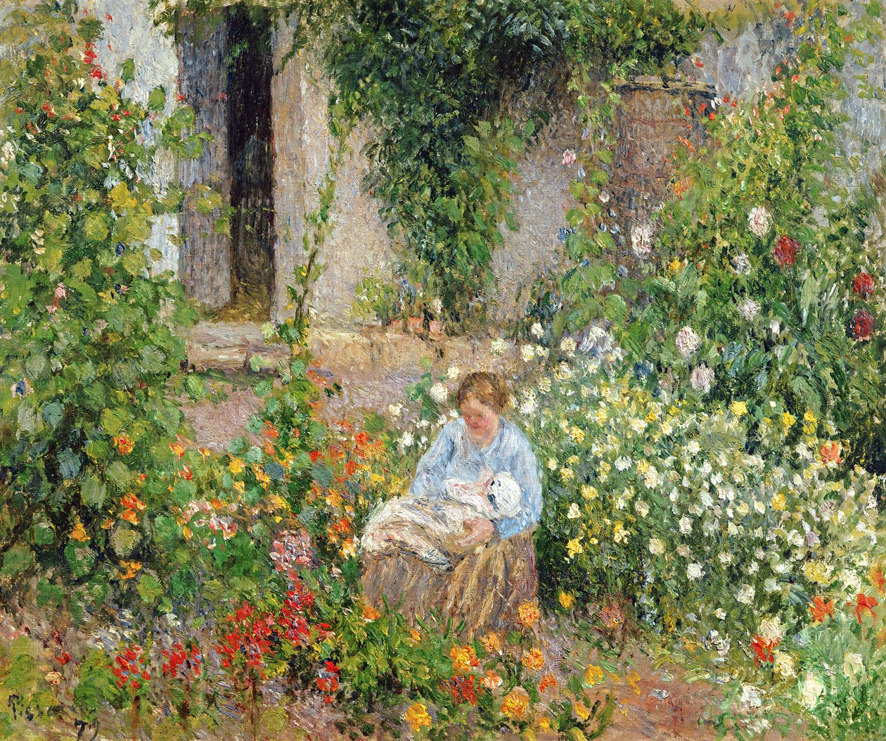 Äiti ja lapsi kukkien keskellä, 1879 tekijältä Camille Jacob Pissarro