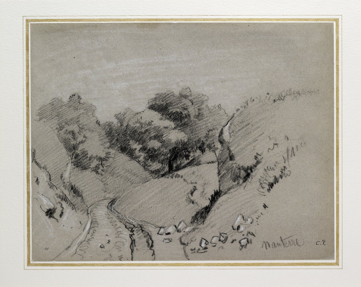 Nanterre, c. 1860 (hiili korostettu valkoisella liidulla harmaalla paperilla) tekijältä Camille Jacob Pissarro