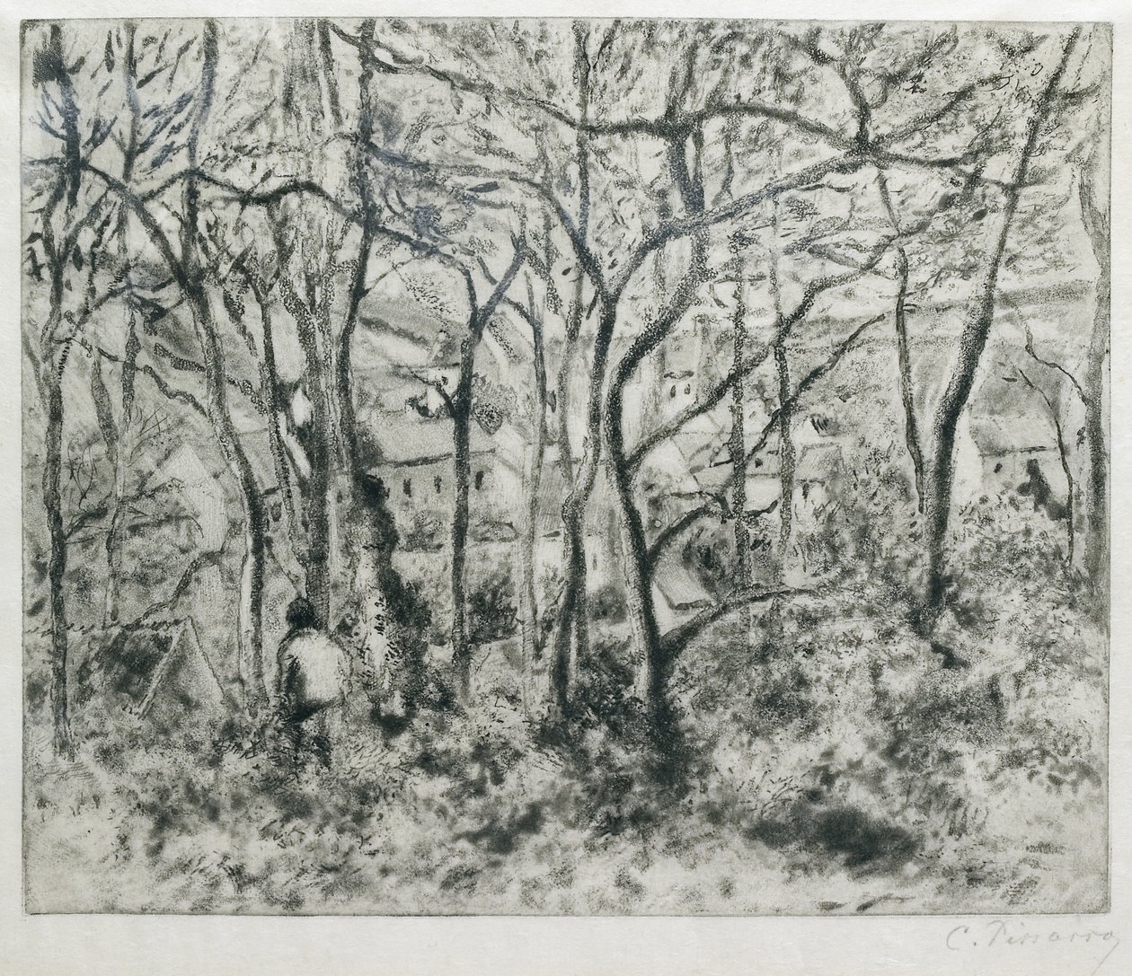 Maisema metsässä, Eremitaasissa (Pontoise), 1879 (akvatinta ja kuivapiste) tekijältä Camille Jacob Pissarro