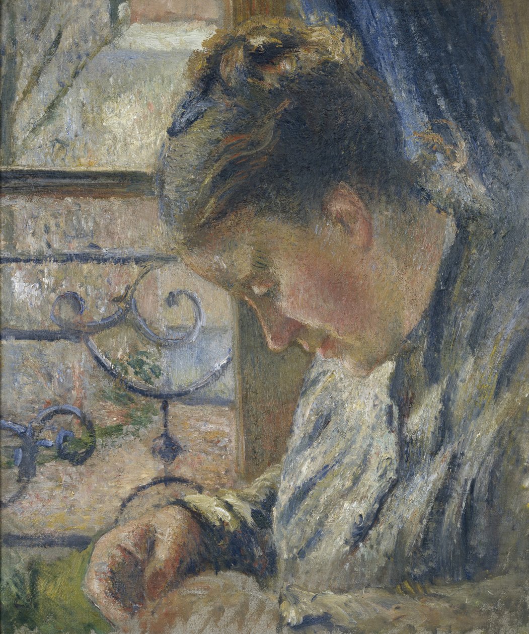 Muotokuva Madame Pissarrosta ompelemassa ikkunan vieressä, 1800-luku tekijältä Camille Jacob Pissarro