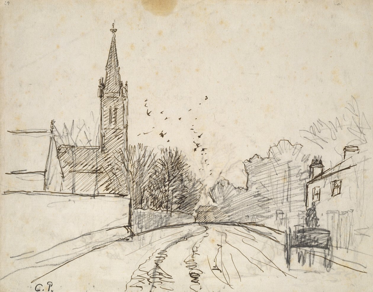 Recto: Study of Upper Norwood, Lontoo, All Saints Church, 1871 (kynä ja ruskea muste grafiitin päällä) tekijältä Camille Jacob Pissarro