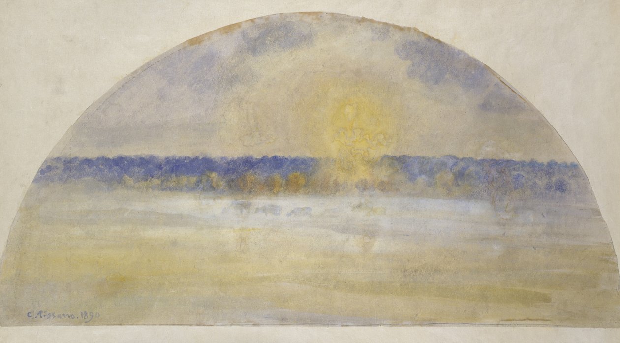 Laskeva aurinko ja sumu, Eragny (akvarelli sekoitettu tempera japanilaiselle paperille, joka on levitetty japanilaiselle velumille) tekijältä Camille Jacob Pissarro
