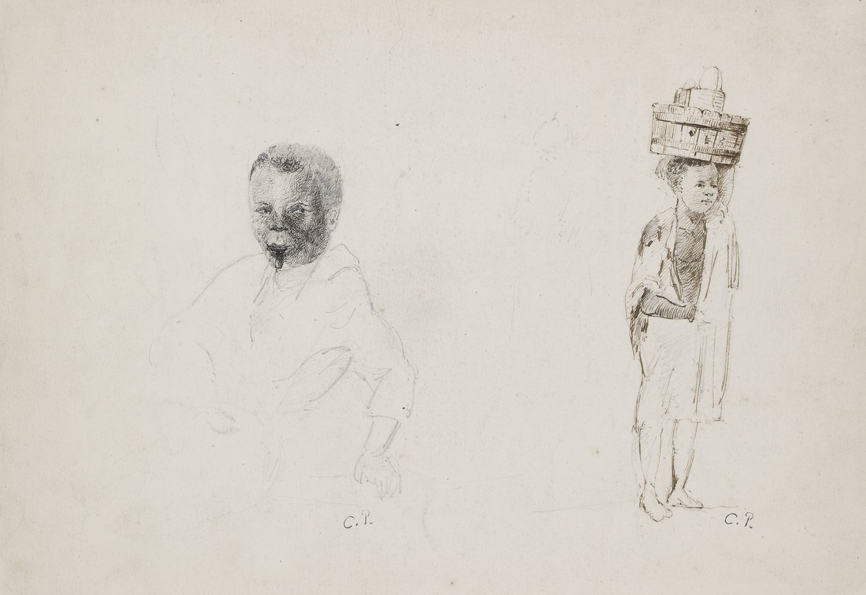 Tutkimuksia kahdesta nuoresta pojasta, joissa on heikkoja merkkejä naishahmosta, 1852 (kynä kynällä ja musteella paperilla) tekijältä Camille Jacob Pissarro