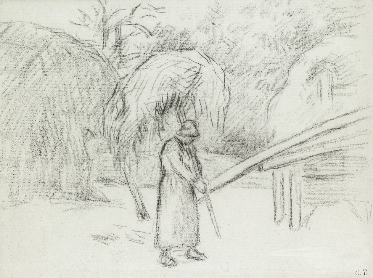 Tutkimus naistalonpojasta, joka kantaa heinäkuormaa Foucaultin pihalla, n. 1875 (hiili) tekijältä Camille Jacob Pissarro
