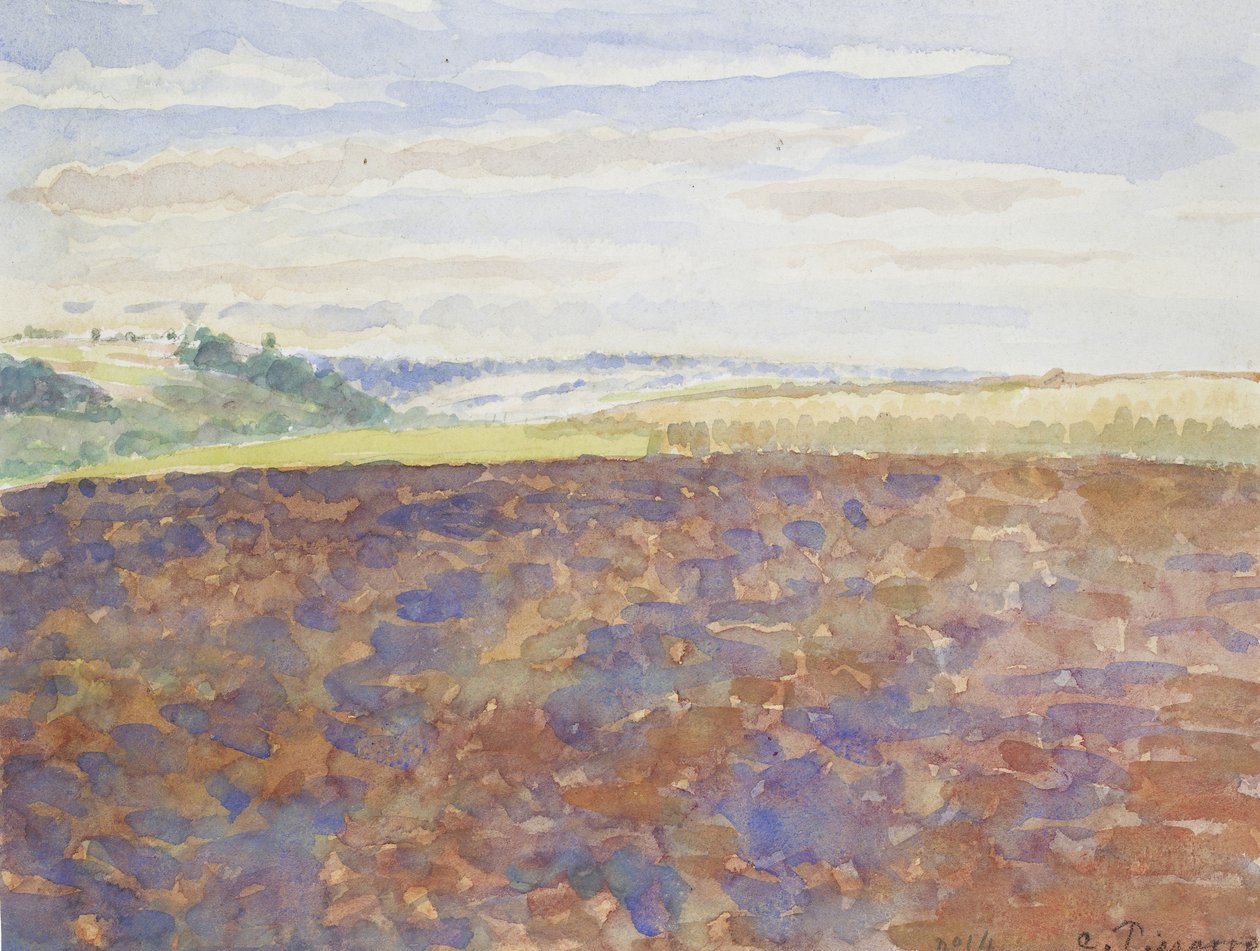 Tutkimus maisemasta, jossa on kynnetty pelto, Eragny-sur-Epte, n. 1886 - 1890 (akvarelli lyijykynällä) tekijältä Camille Jacob Pissarro