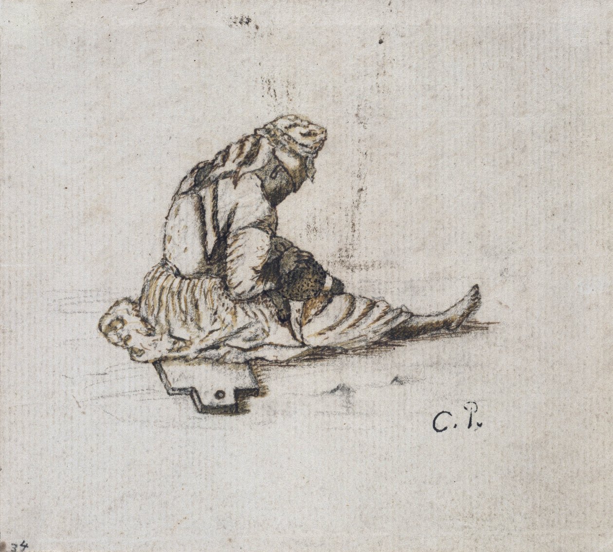 Tutkimus istuvasta naishahmosta, ompelu (kynä ja muste kynällä paperille) tekijältä Camille Jacob Pissarro