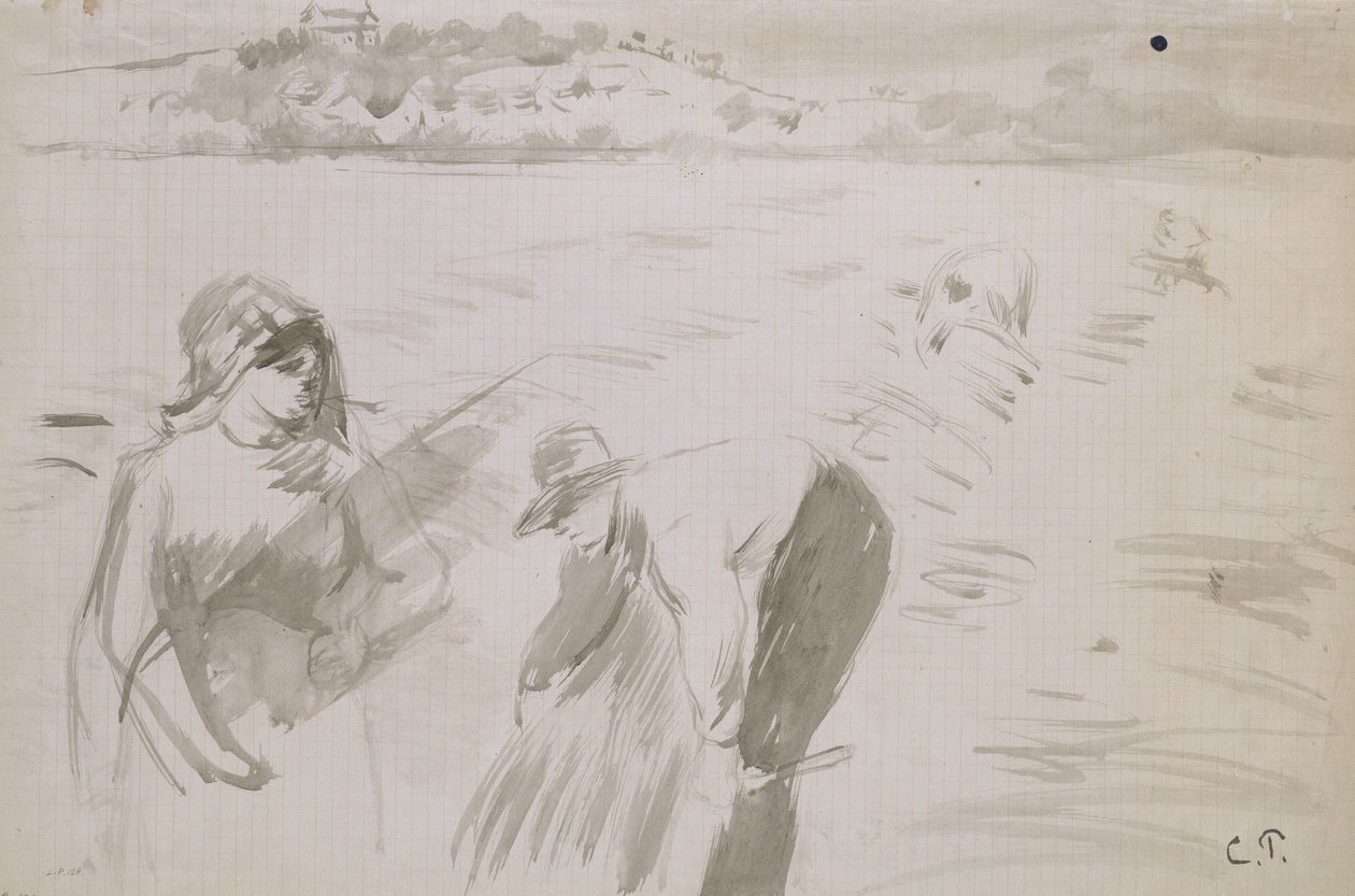Tutkimus harvestereista, jotka työskentelevät pellolla lähellä Pontoisea (harmaa pesu ruskealla musteella paperilla) tekijältä Camille Jacob Pissarro