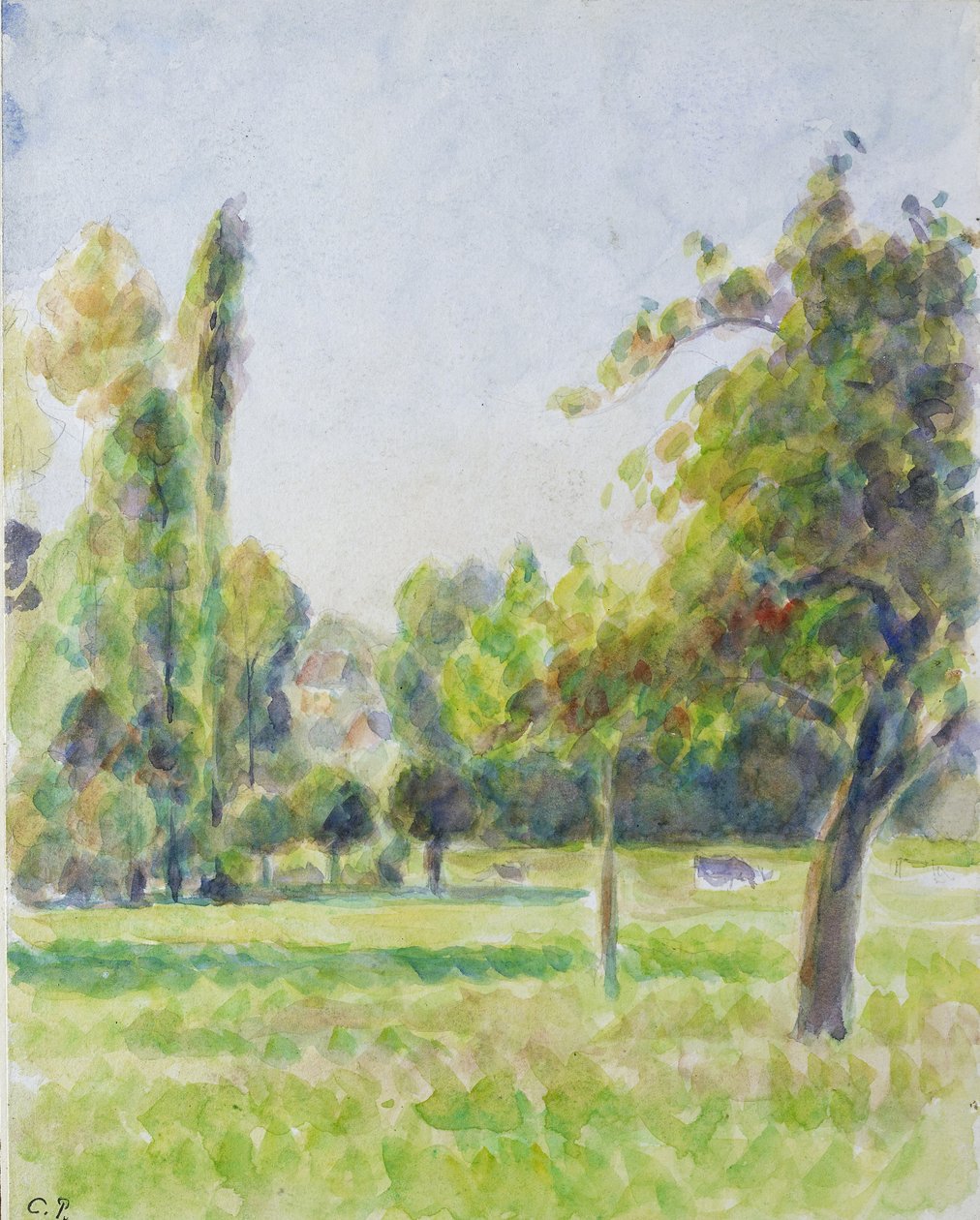 Tutkimus taiteilijatalon hedelmätarhasta Eragny-sur-Eptessä, n. 1890 (akvarelli lyijykynällä) tekijältä Camille Jacob Pissarro