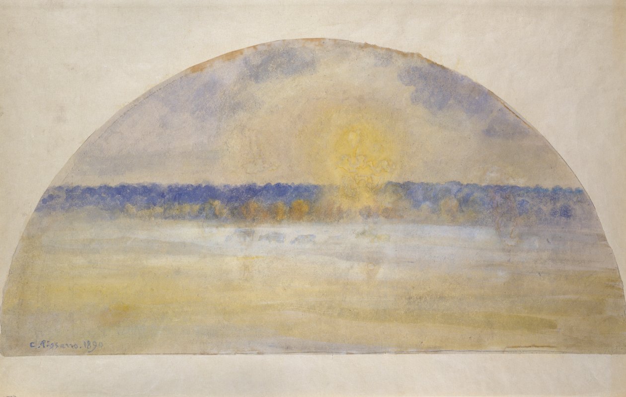 Auringonlasku ja sumu, Eragny, 1890 tekijältä Camille Jacob Pissarro