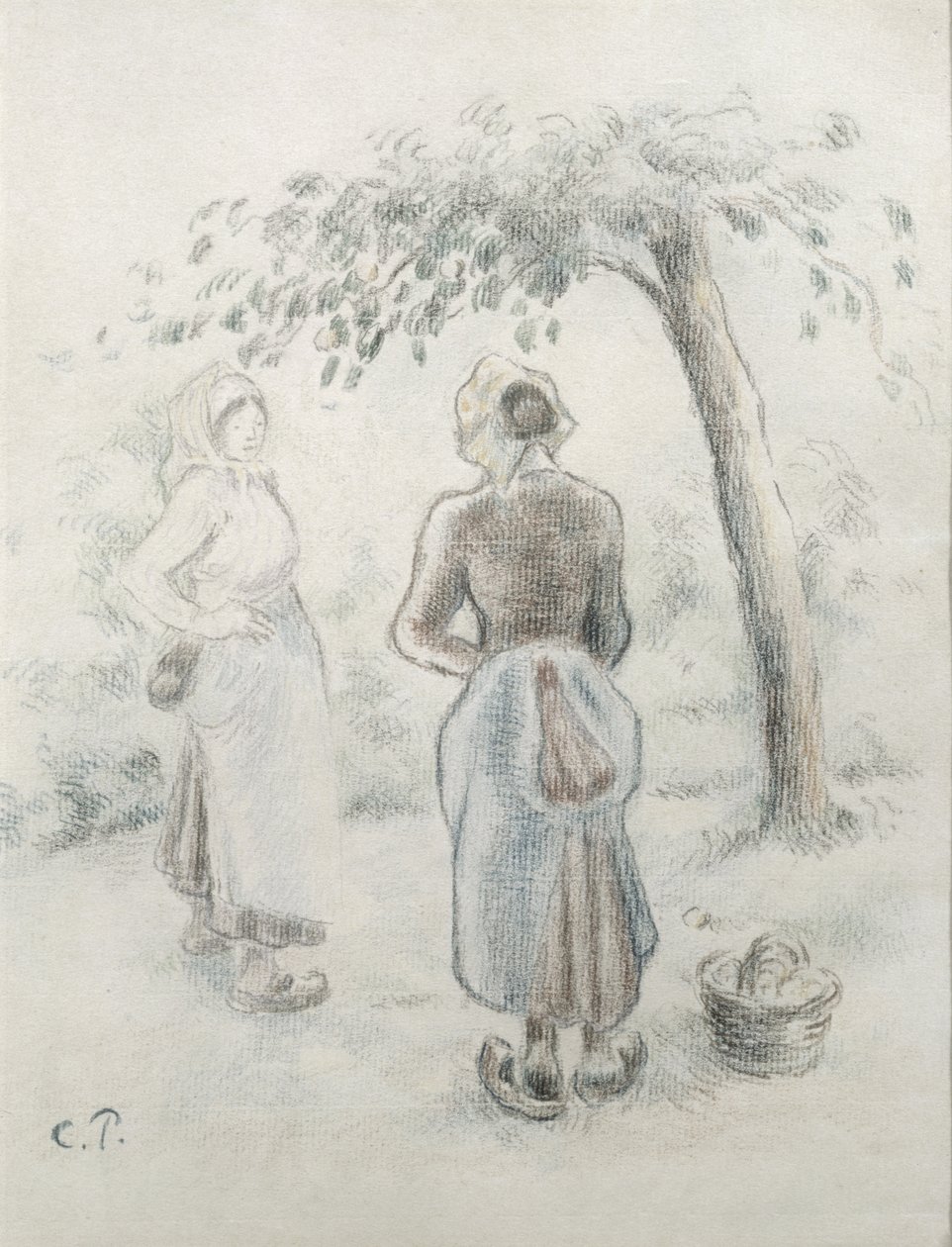 Nainen omenapuun alla, n. 1896 (värikynä paperille) tekijältä Camille Jacob Pissarro
