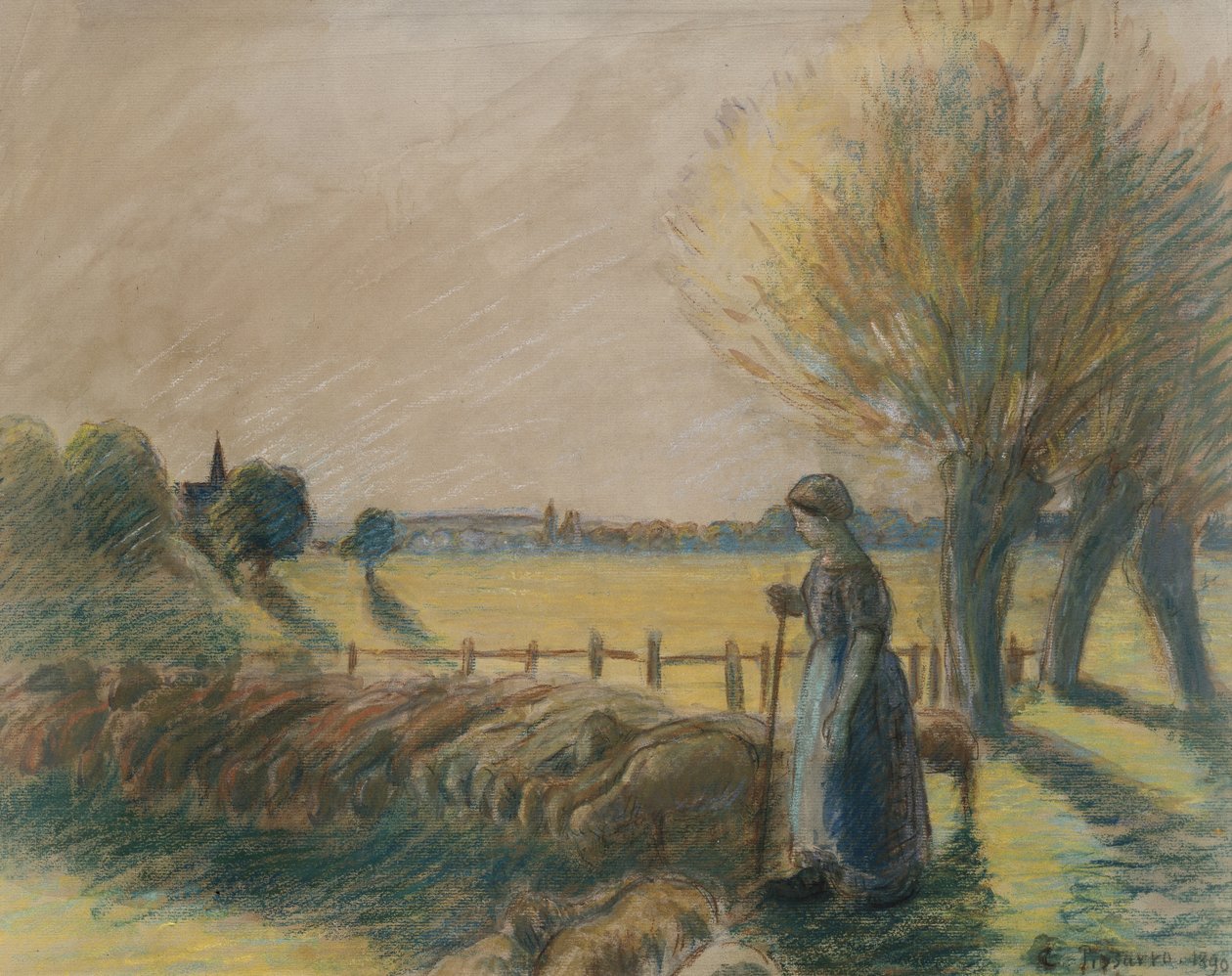 Eragnyn paimentar (tempera ja pastelli, vesivärin ja kynän jälkiä harmaalla paperilla) tekijältä Camille Jacob Pissarro