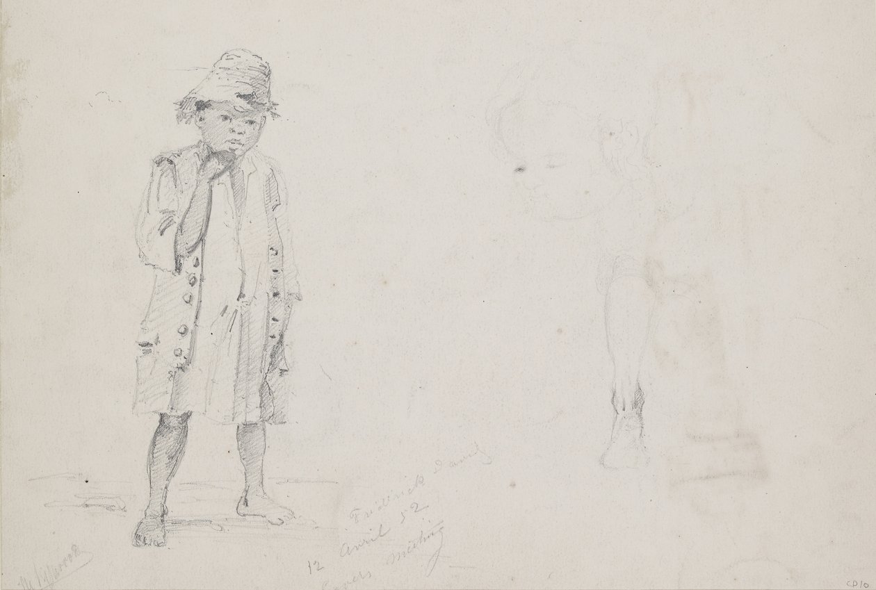Kokopituinen tutkimus pienestä pojasta, jonka kasvot ja vasen jalka on tarkasteltu heikosti takaa katsottuna, 1852 (kynä kynällä ja musteella paperilla) tekijältä Camille Jacob Pissarro