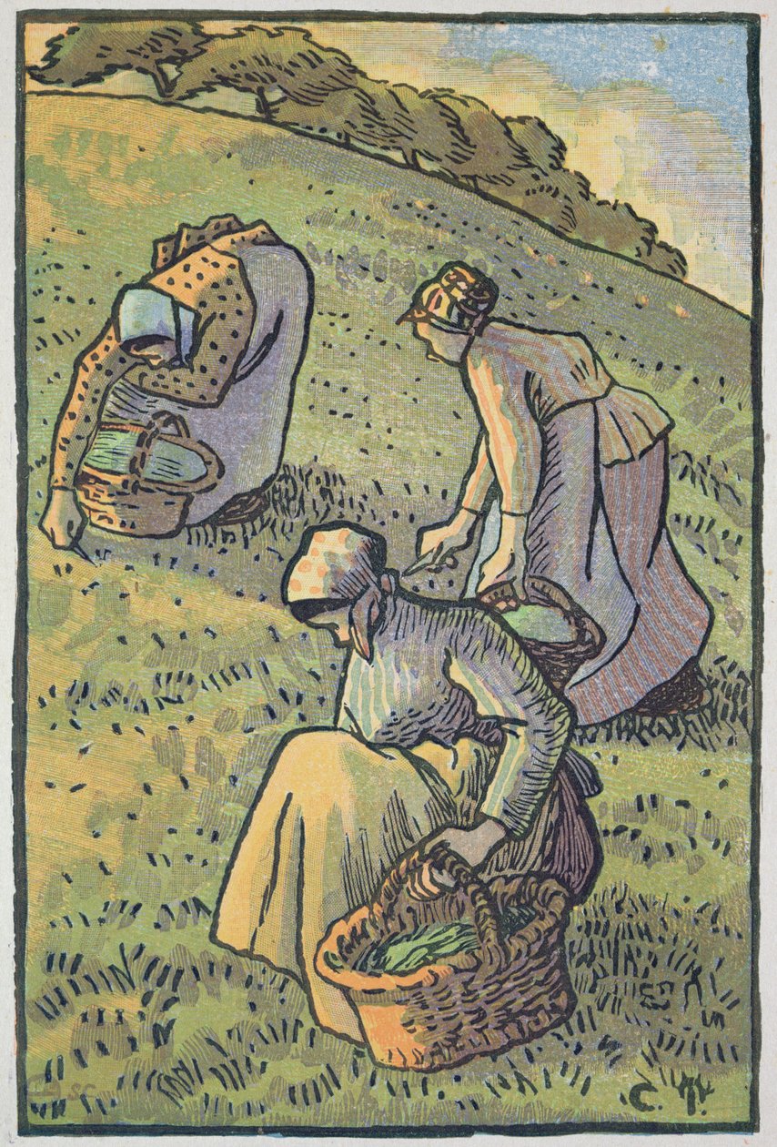 Women Gathering Mushrooms, "Travaux des Champs", kaiverrettu Lucien Pissarro (1863-1944), julkaissut Lontoossa 1893 tekijältä Camille Jacob Pissarro