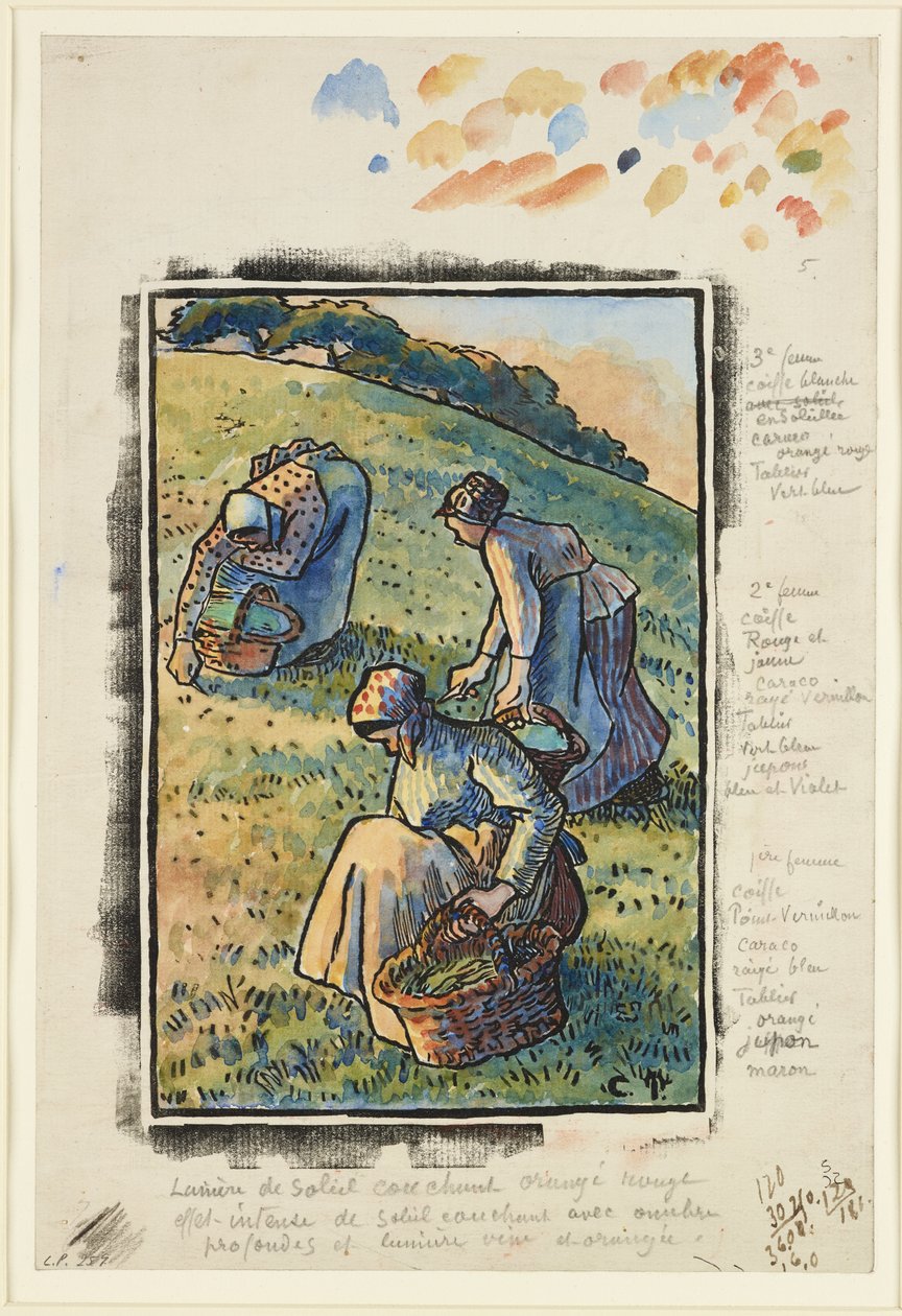 Naiset kitkemässä ruohoa (puupiirros ja wc paperilla) tekijältä Camille Jacob Pissarro