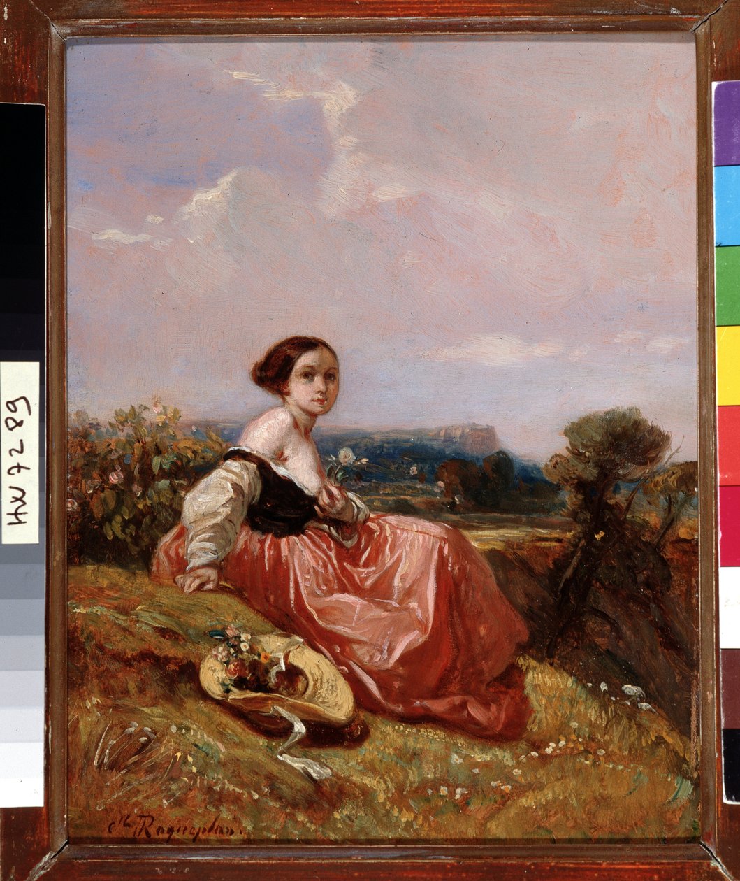 Nuori tyttö hatussa Sainte Mountain Victoire -maalauksen edessä Camille Roqueplan (1803-1855) Dim. 18x23 cm Pakollinen maininta: Kokoelman perustan terveisiä Provencesta, Marseillesta tekijältä Camille Joseph Etienne Roqueplan