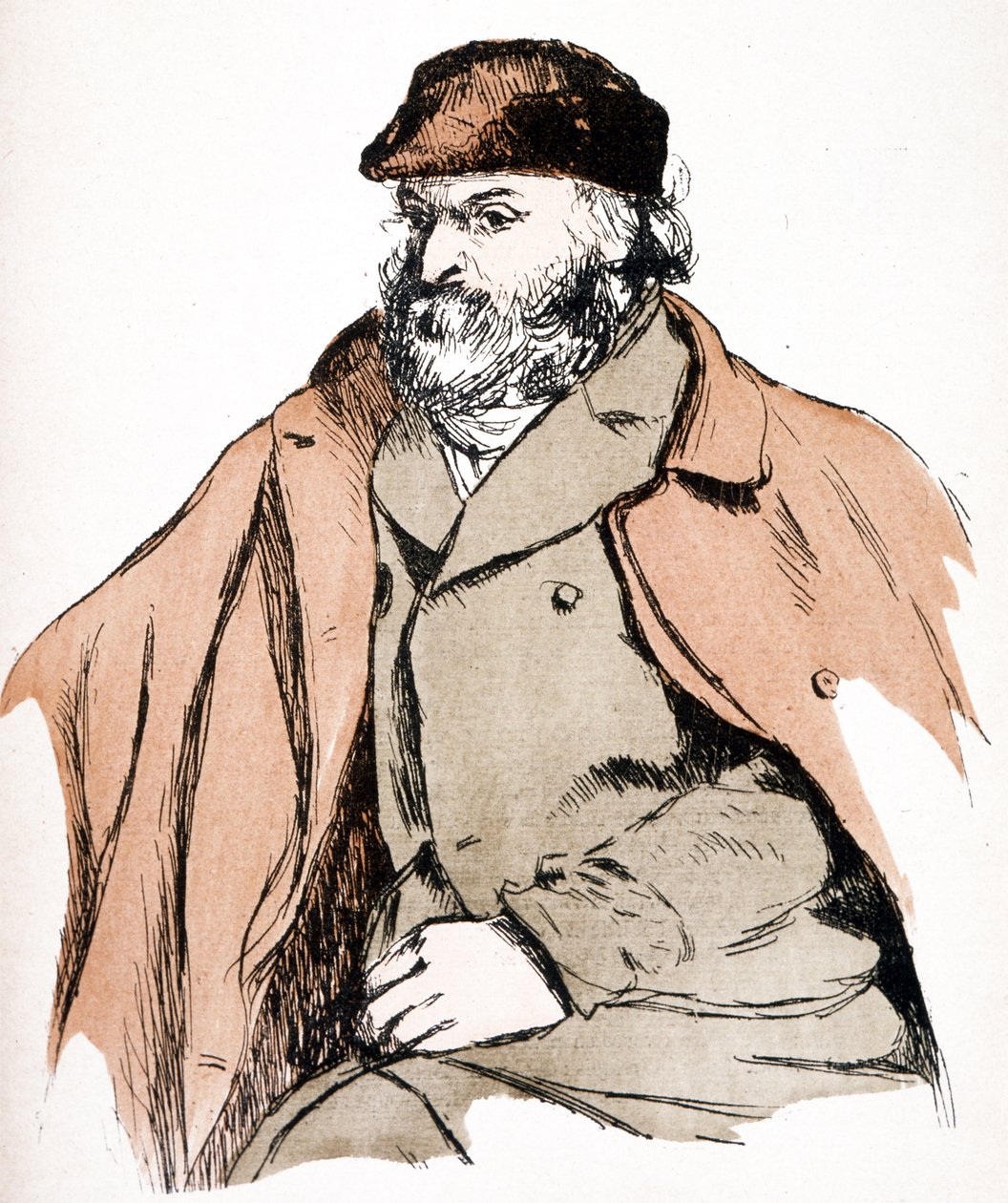Kuvitusmuotokuva Paul Cezannesta (1839 - 1906), ranskalaisesta taiteilijasta ja postimpressionistisesta taidemaalarista. (kaiverrus) tekijältä Camille (after) Pissarro