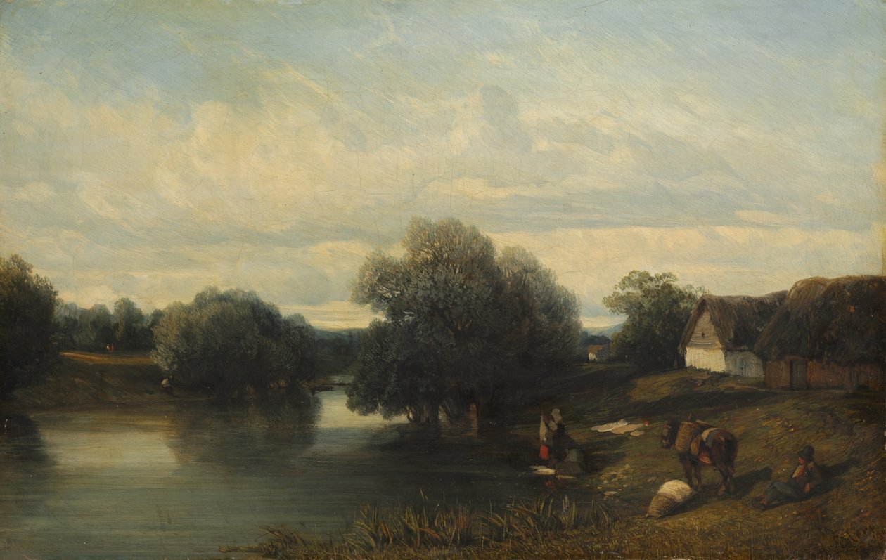 Mökki joen rannalla pesunaisten kanssa, 1835. tekijältä Camille Flers