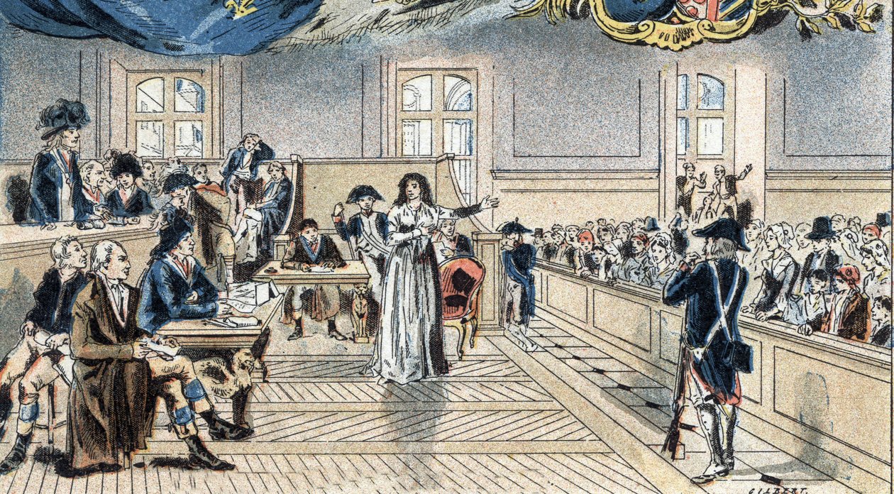 Marie Antoinette, Ranskan kuningatar, tuomareiden edessä oikeudenkäynnissä 14. lokakuuta 1793. tekijältä Camille Gilbert