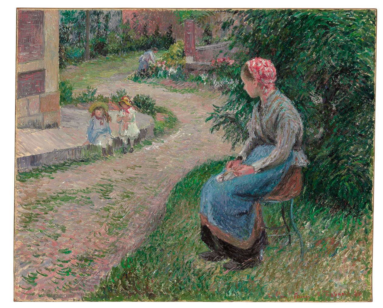 Palvelija istuu puutarhassa Eragnyssa, 1884 tekijältä Camille Jacob Pissarro
