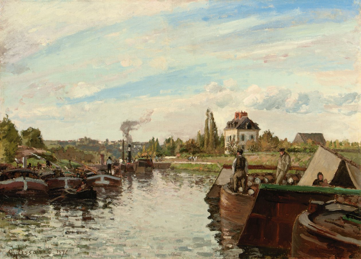 Proomu Seinen varrella Bougivalissa, 1871 tekijältä Camille Jacob Pissarro