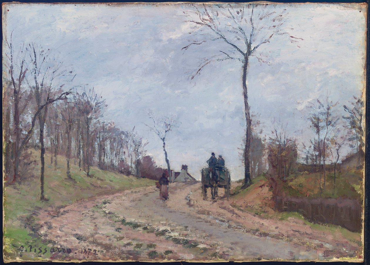 Kuljetus maantiellä, talvi, Louveciennesin laitamilla, 1872 tekijältä Camille Jacob Pissarro