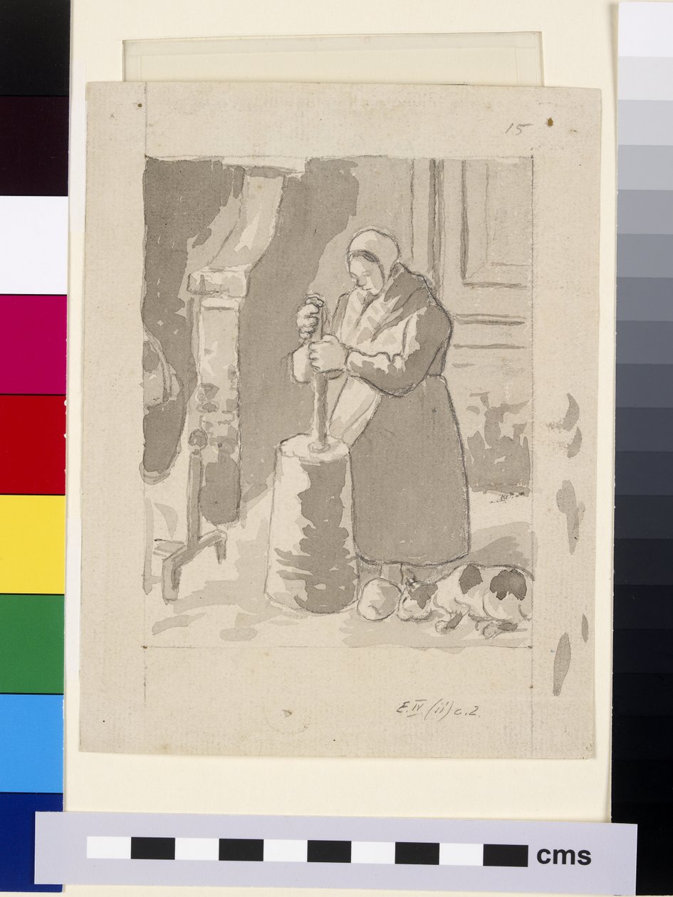 Kompositionaalinen tutkimus naispuolisesta talonpojasta, joka valmistaa voita (harmaa pesu ja kiinanvalkoinen mustalla liidulla paperille). tekijältä Camille Jacob Pissarro