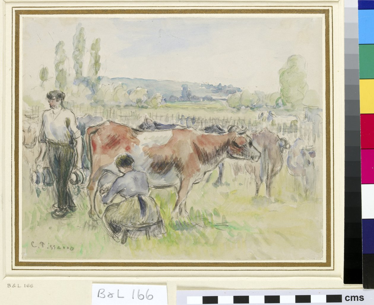 Sävellystutkimus lypsykohtauksesta Eragny-sur-Epten alueella (mustaa liitua paperille). tekijältä Camille Jacob Pissarro