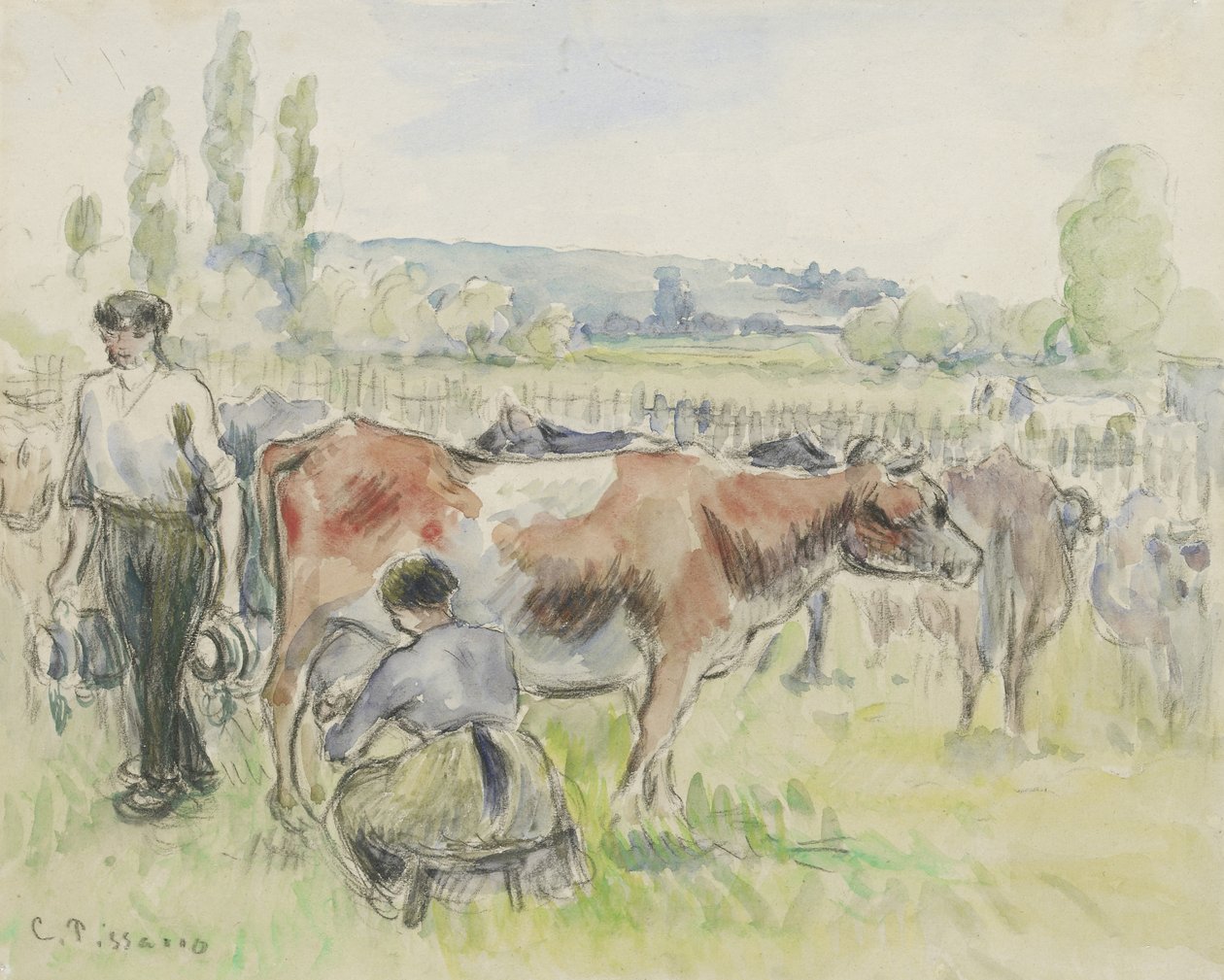 Sävellystutkimus lypsykohtauksesta Eragny-sur-Eptessä, 1884 (akvarelli mustalla liidulla) tekijältä Camille Jacob Pissarro