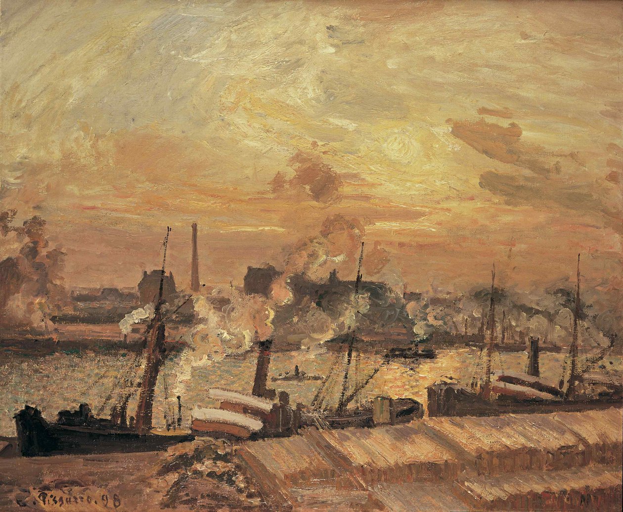 Puun purku, Quai de la Bourse, auringonlasku, 1898. tekijältä Camille Jacob Pissarro