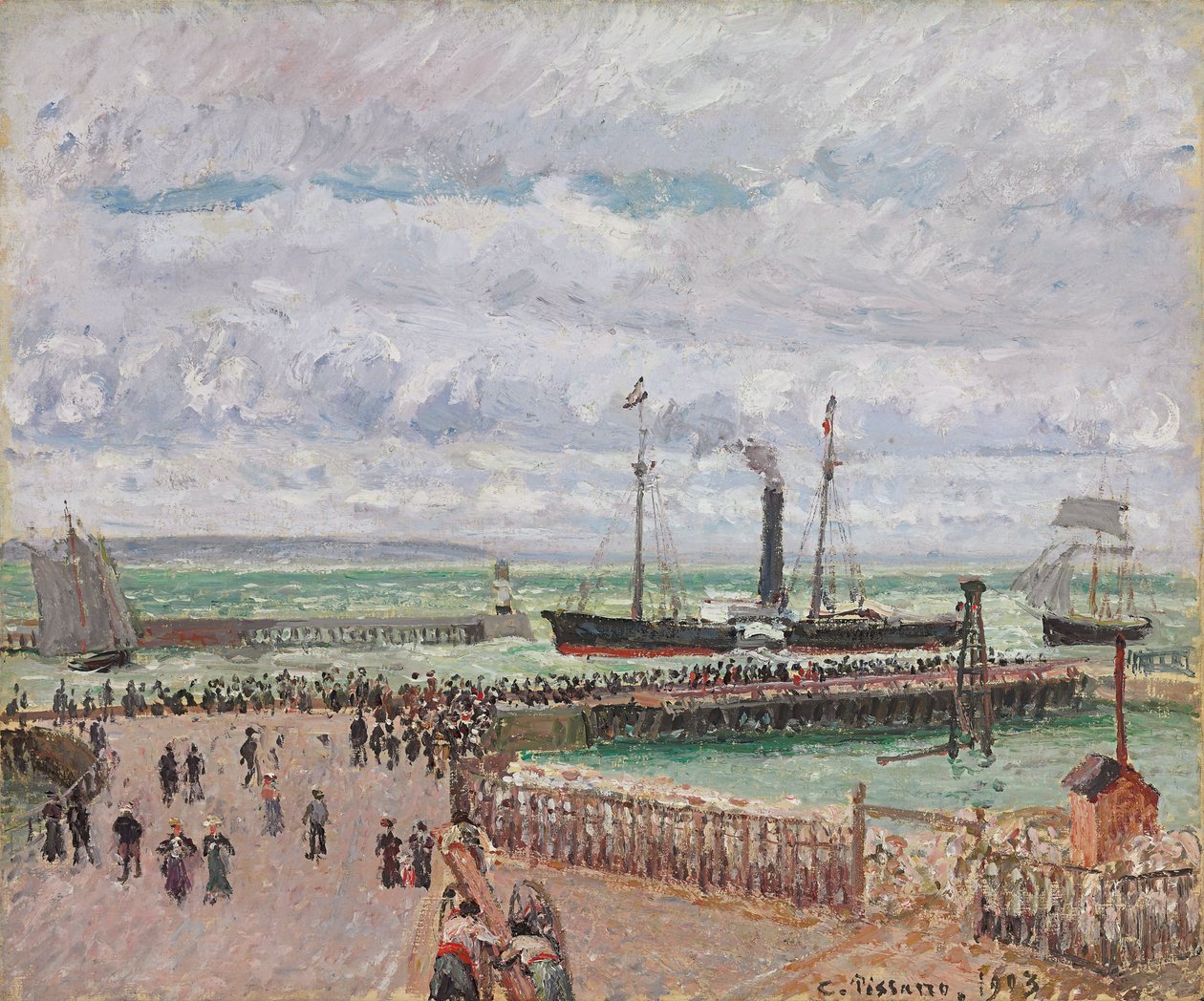 Sisäänkäynti Le Havren satamaan ja läntisille aallonmurtajille, valoisa harmaa sää; Sisäänkäynti Le Havren satamaan ja läntiselle aallonmurtajalle, kirkkaan harmaa sää, 1903 tekijältä Camille Jacob Pissarro