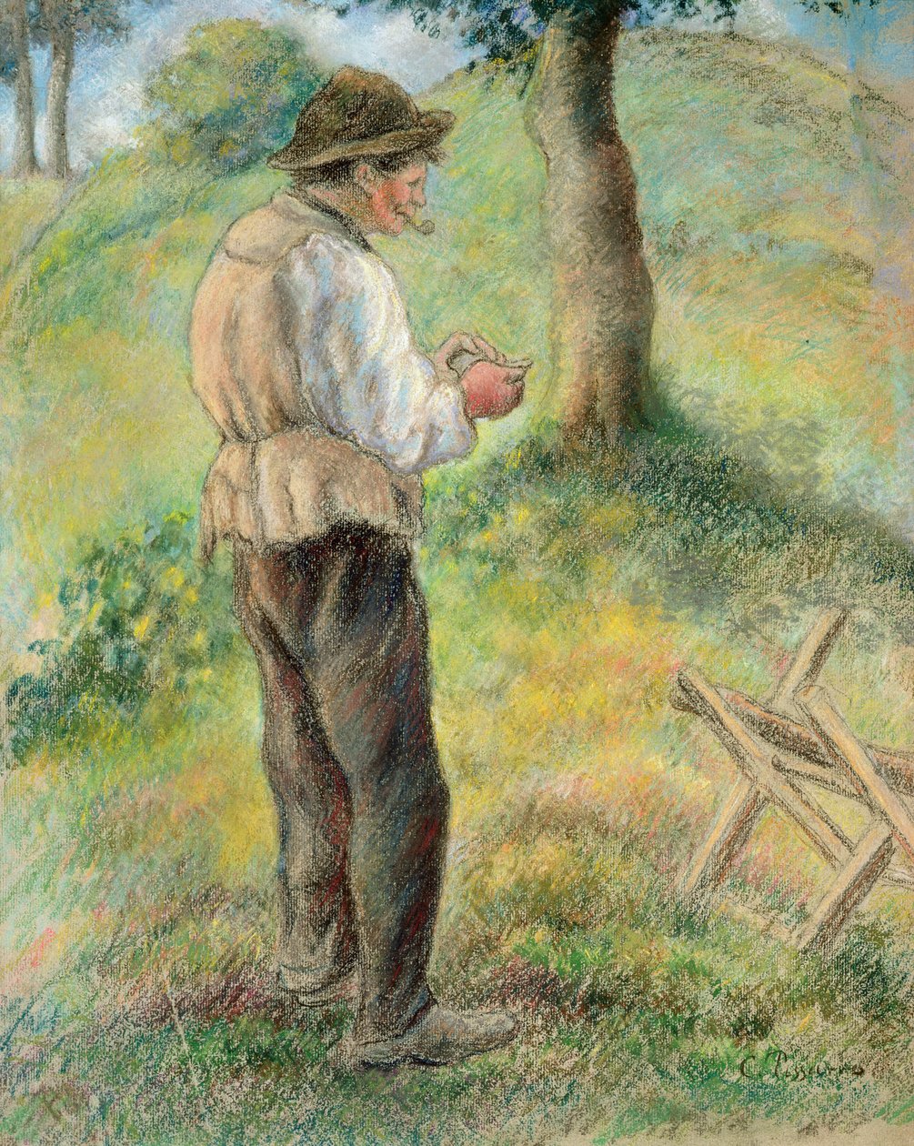 Isä Melon sytyttää piippunsa, n. 1879 tekijältä Camille Jacob Pissarro