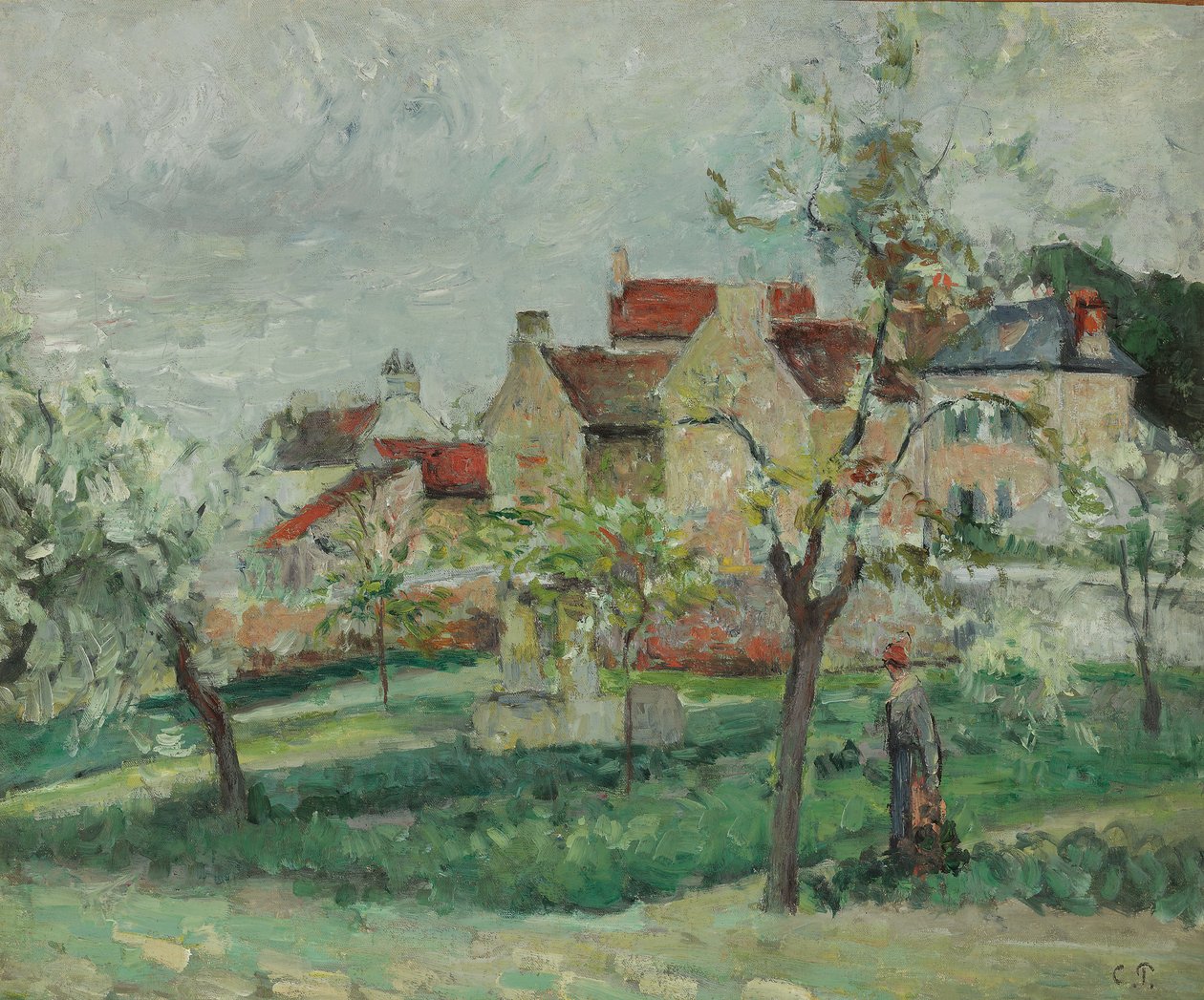 Flowering Plum Tress, Pontoise; Luumupuut kukkivat, Pontoise, n. 1876 tekijältä Camille Jacob Pissarro