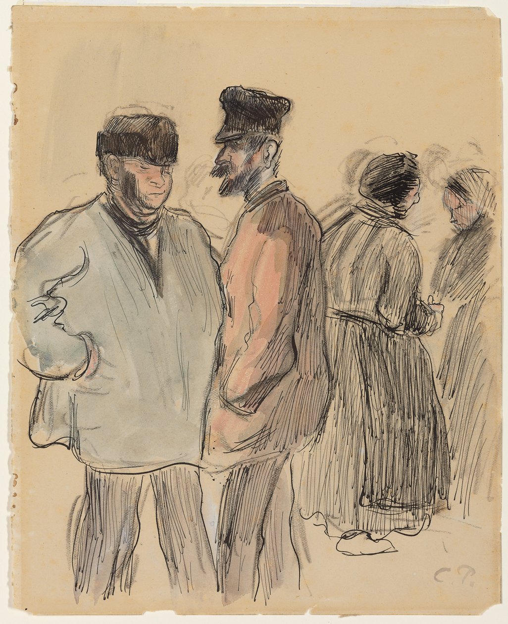 Ryhmä ihmisiä markkinoilla, Gisors; Figuuriryhmä markkinoilla, Gisors, n. 1891 tekijältä Camille Jacob Pissarro