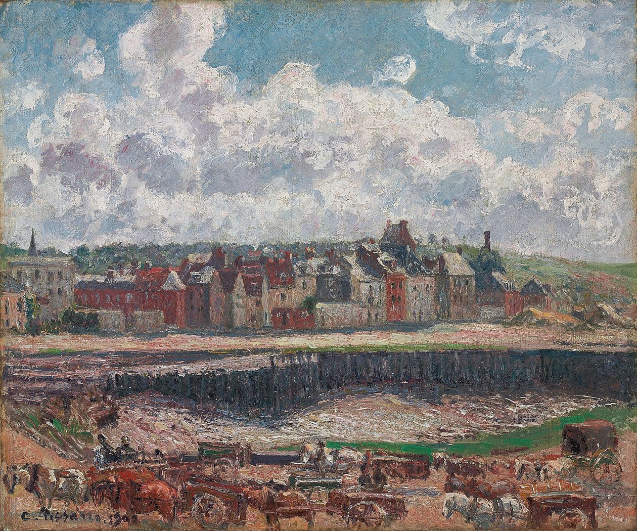 Hevoset ja kärryt kalasataman edessä, Dieppe, laskuveden aikaan; Hevoset ja kärryt kalastuslaiturin edessä, Dieppe, laskuvesi, 1902 tekijältä Camille Jacob Pissarro