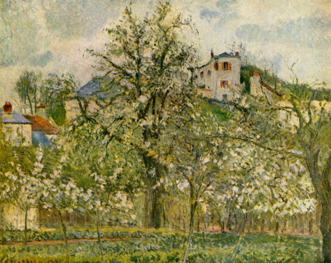 Keittiö-puutarha, jossa on kukkivia hedelmäpuita, 1877, 1939. tekijältä Camille Jacob Pissarro