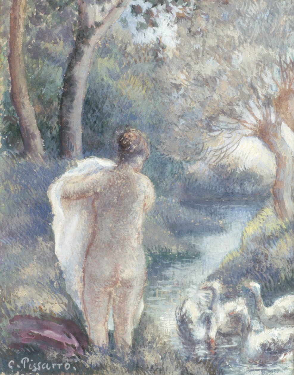 Alaston joutsenten kanssa, n. 1895 (katso tutkimus 259307) tekijältä Camille Jacob Pissarro