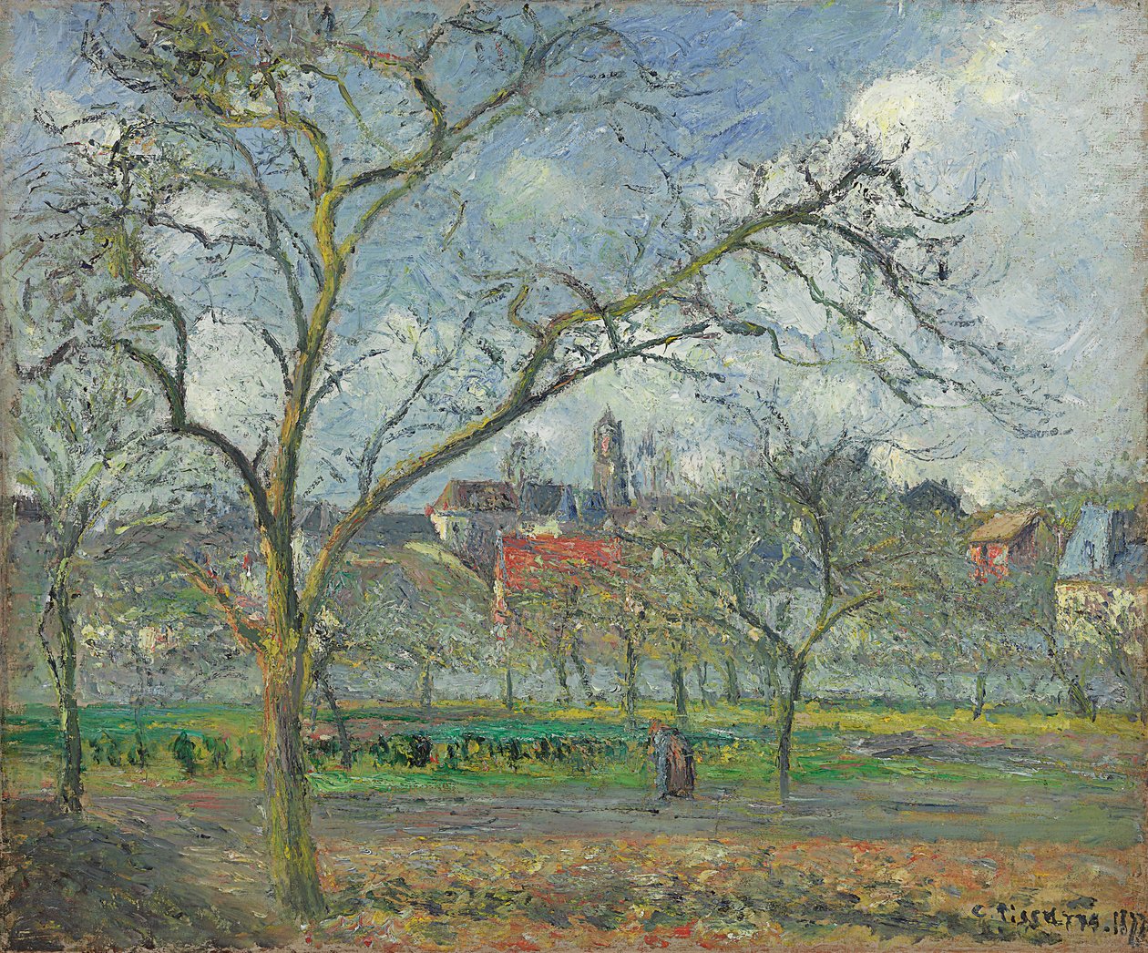 Hedelmätarha Saint-Ouen-l"Aumonessa talvella; hedelmätarha Saint-Ouen-l"Aumonessa talvella, 1877 tekijältä Camille Jacob Pissarro