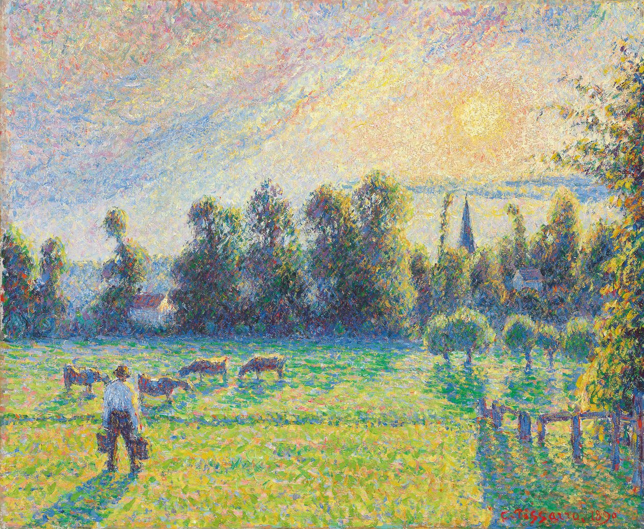 Laitumet, Auringonlasku, Eragny; Laitume, auringonlasku, Eragny, 1890 tekijältä Camille Jacob Pissarro
